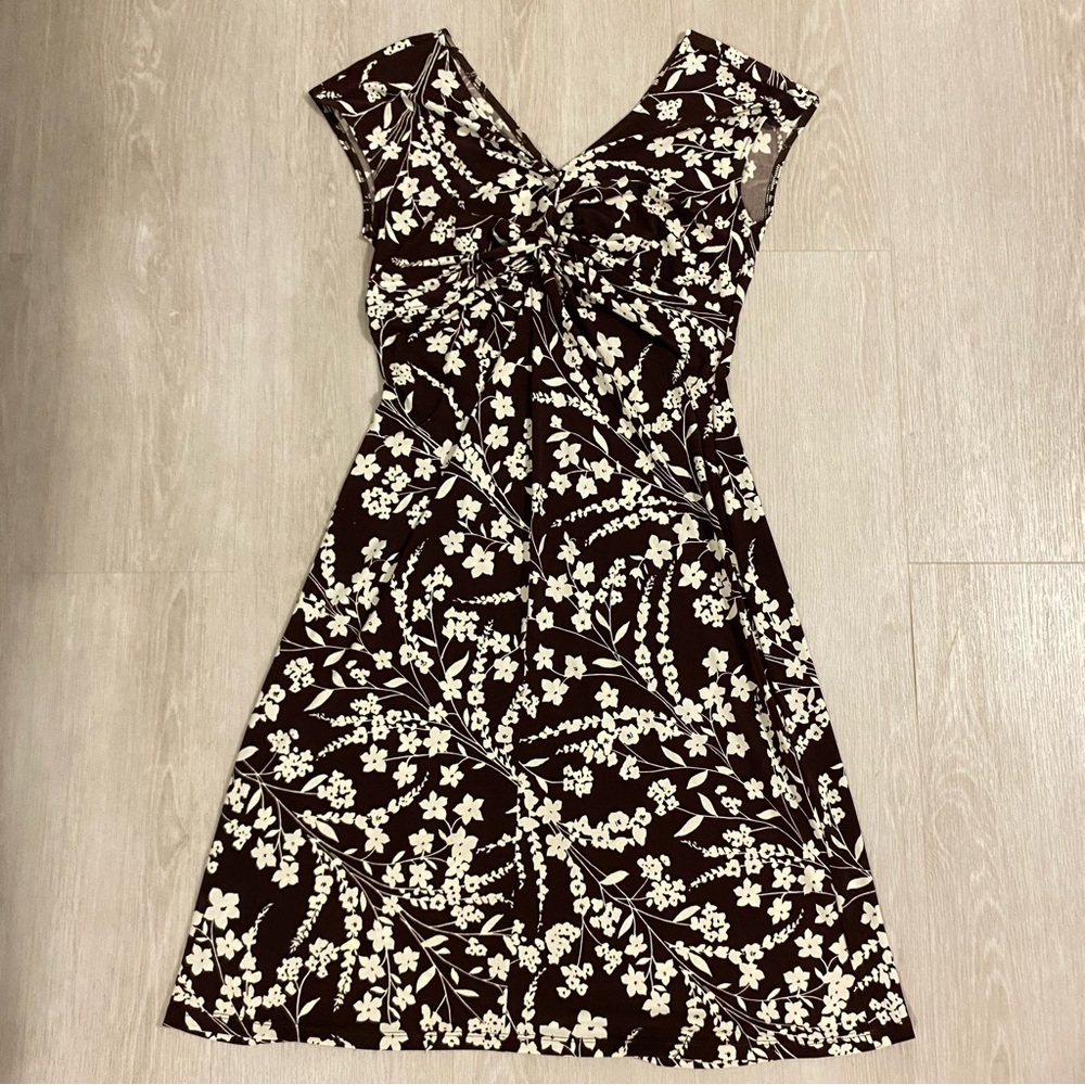 London Times Vintage Y2K Brown Floral Dress V-Neck Knee-Length size 8